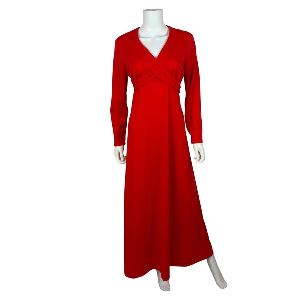 Vintage 70s Maxi Dress Womens M Red Faux Wrap Cross Tie Long Sleeve Polyester
